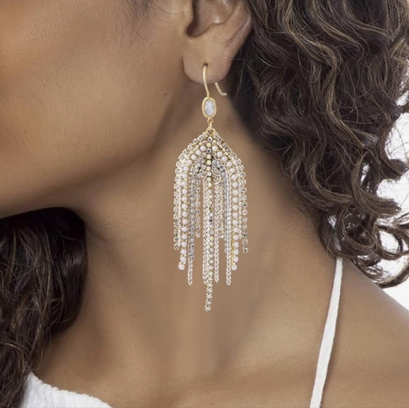 Dangle Beaded Cubic Zirconia Crystal Boho Chain Tassel Country Western E… - Picture 3 of 4